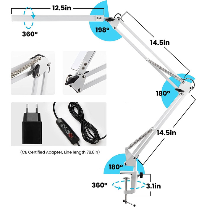 Світлодіодна настільна лампа з затискачем, затискна лампа з гусячою шиєю 14 Вт, Робоча лампа для архітекторів 1100 лм 5 кольорів X 10 рівнів яскравості з регульованою яскравістю, затискна лампа для захисту очей, Офісна настільна лампа, чорний (поворотний 