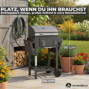 ACTIVA Гриль на вугіллі Angular Smart I з кришкою, регульованою кошиком для вугілля та термометром | Гриль-візок для барбекю