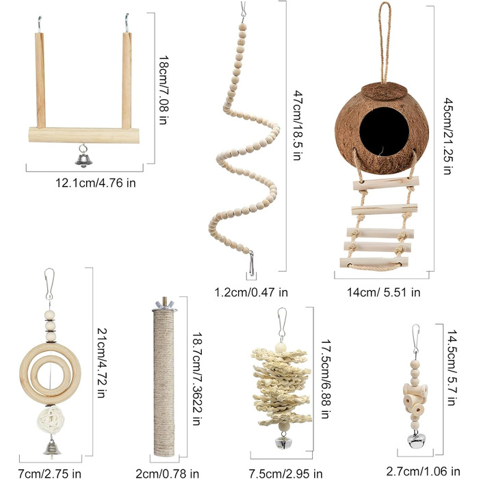 Іграшки для хвилястих папужок, аксесуари, кокосова клітка з драбинкою, жувальна іграшка з натурального дерева, гамак для хвилястих папужок, іграшка для какаду, іграшка для клітки, конури, зяблики, 7 шт.