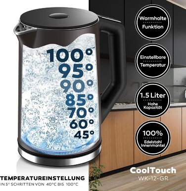 Електричний чайник BALTER з регулюванням температури, 1.5L, 2200W, білий (сірий), без BPA, подвійні стінки, бездротовий