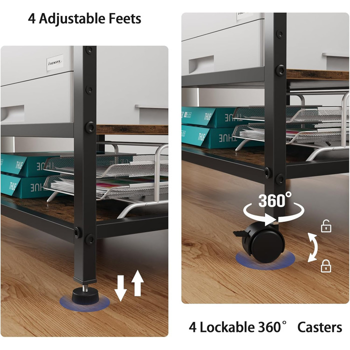 Трьохрівневий стіл для принтера з розеткою та USB-портами, регульовані полиці, роликовий стійка для принтера для дому/офісу, 3D/лазерний принтер, термопрес (Бюстик Браун, 60 см)