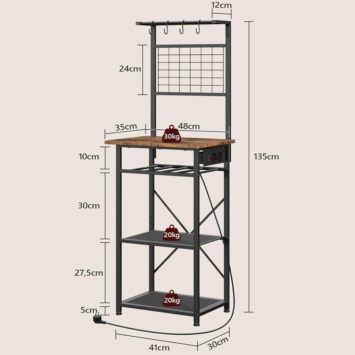 Стелаж для кухні з розетками, підлоговий, бакалійний, 35 x 48 x 135 см, 4 гачки, станція для кави з тримачем для пляшок та гачками, вінтажний коричневий та чорний ABRHR23UE01