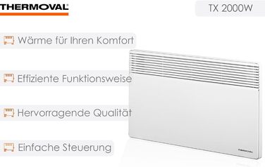 Електричний конвектор Thermoval, Електричний радіатор IP20, Окремо стоячий або настінний електричний обігрівач, Електричний обігрівач для житлових та офісних приміщень, Конвекторний обігрівач, Білий (TX 2000, 2,0 кВт)