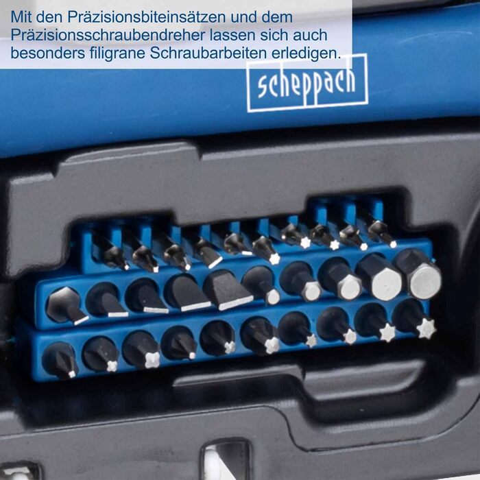 Набір інструментів Scheppach WZK120 (97 предметів) в кейсі з міцного пластику: викрутки, біти, шестигранники, ручний інструмент з гумовими ручками