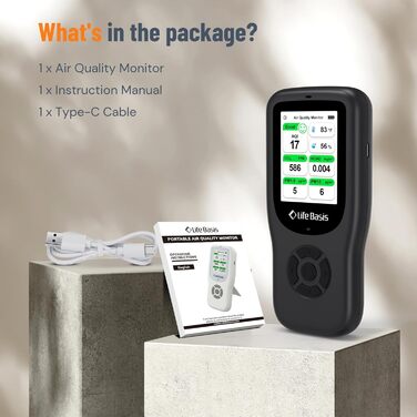 Детектор якості повітря LifeBasis 10 в 1: формальдегід, AQI, PM2.5/PM10, HCHO, TVOC, CO2, температура, вологість. USB зарядка для дому та офісу