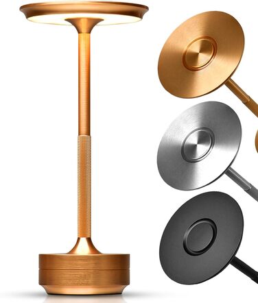 LED настільна лампа ELYSIA з акумулятором, диммування, бездротова, сенсорне управління, для дому та вулиці [IP54], тепле світло [2200K-2700K-3200K], USB-C, перезарядна, алюміній, золота