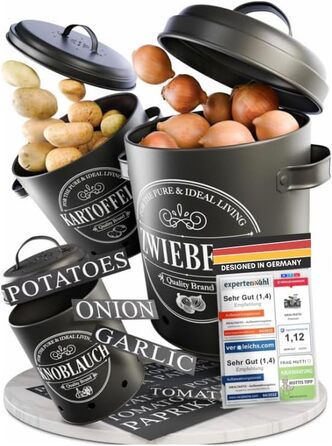 IDEALTASTIC® Преміум Коробка для зберігання картоплі [3 шт] | Набір з 3 контейнерів для картоплі, цибулі та часнику з системою 360° вентиляції для свіжості | Чорний