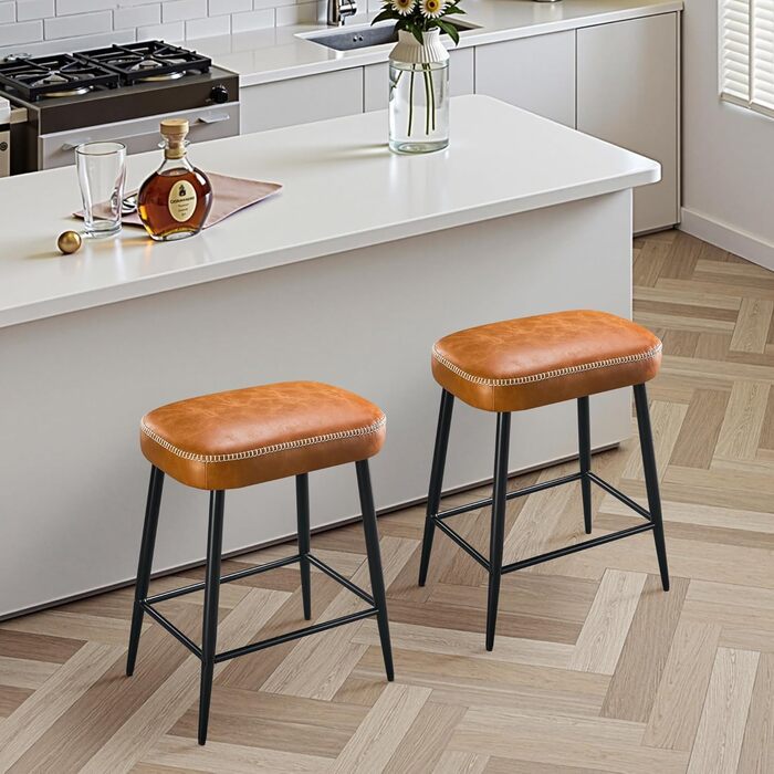 Набір з 2 барних стільців з мікрофібри, ретро дизайн, висота 62.5 см, без спинки, сірий (коричнева шкіра)