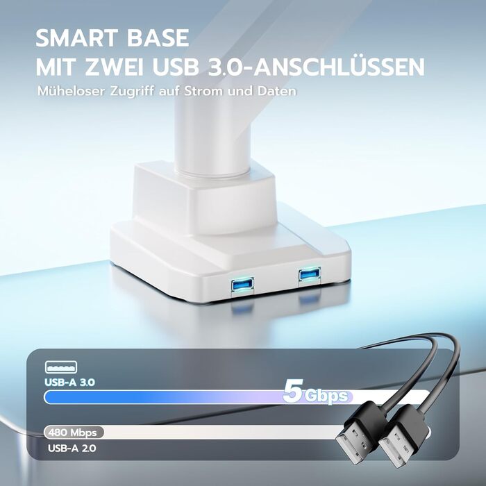 Кріплення для монітора ARES WING з USB A/C, 17'-45', регулювання висоти, білий. Підтримка VESA 100/75 мм, максимальне навантаження 18 кг