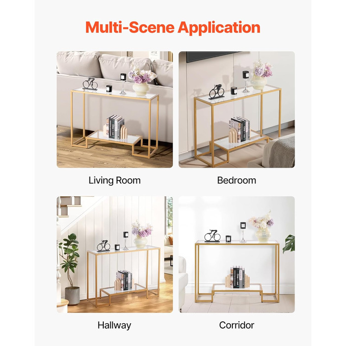 VEVOR Консольний столик з 2 ящиками, сучасний прямокутний, 107 x 35,4 x 75,5 см, з скляною стільницею, столик біля дивана з захистом від перекидання, для вітальні, передпокою, холлу