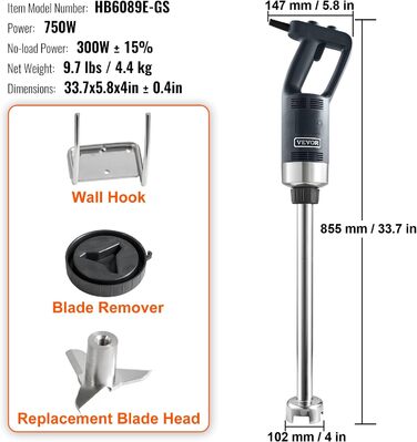 Блендер  VEVOR Електричний ручний блендер 500 Вт, високопродуктивний ручний блендер з регулюванням 4000-18000 об/хв, багатоцільовий ручний блендер з нержавіючої сталі 855 мм Знімний стрижень для перемішування, включаючи настінний гачок і запасну головку л