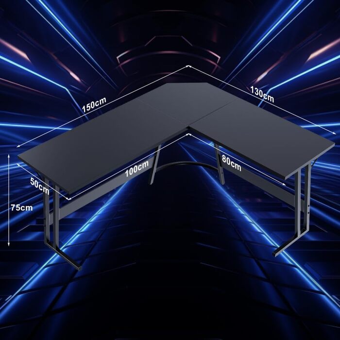Ігровий стіл Airfish, L-подібний кутовий стіл для комп'ютера 170x130x75 см, чорний матовий