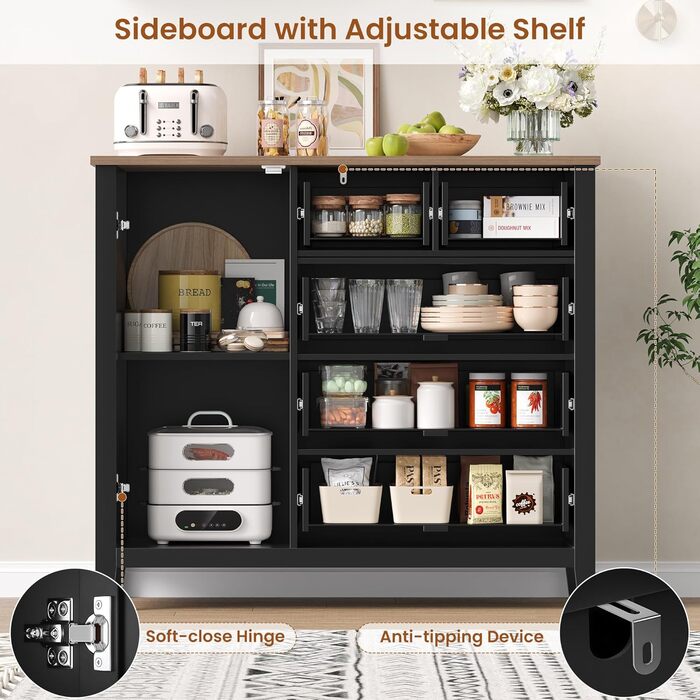 Сайдборд HOCSOK: кухонна шафа з 5 шухлядами та 1 дверцятами, буфет з робочою поверхнею, колір білий+коричневий