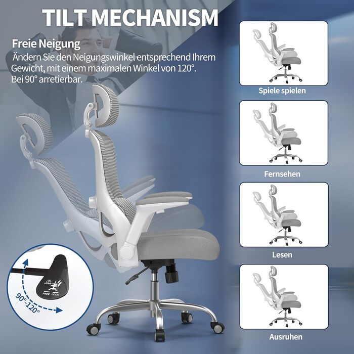 Офісне крісло TRALT Ergonomic - ігрове крісло з регульованою підголівником та поперековою підтримкою. Крісло для дому та офісу, комп'ютерне крісло для великих людей, сітчасте крісло, вантажопідйомність 150 кг (Сірий)