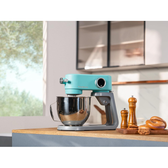 Кухонна машина 5л для замішування тіста: хліб, піца, з таймером, 8 швидкостей, нержавіюча чаша, гак, вінчик, міксер (блакитна)