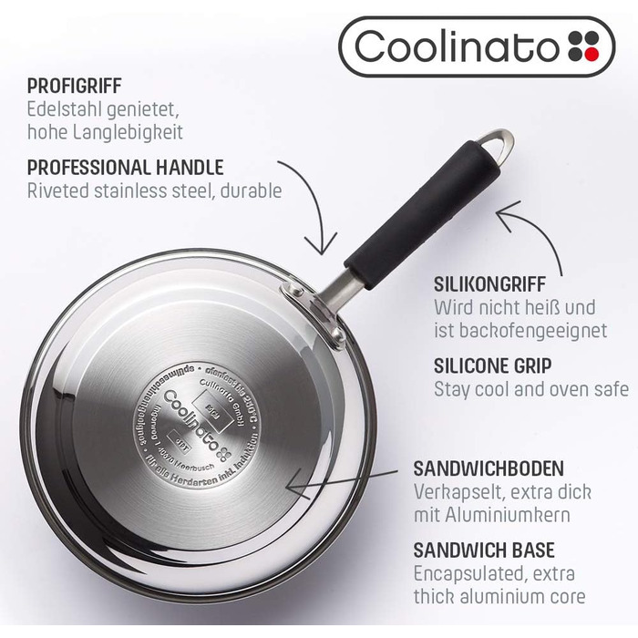 Сковорода Coolinato, сковорода з нержавіючої сталі з покриттям 20 см для газової керамічної електричної індукційної та духовки