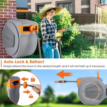 Шланговий барабан з шлангом 30м для саду, настінний автоматичний ролик, поворот 180°, водяний бокс з 9 функціями, для поливу та миття авто, сірий-помаранчевий, 30M