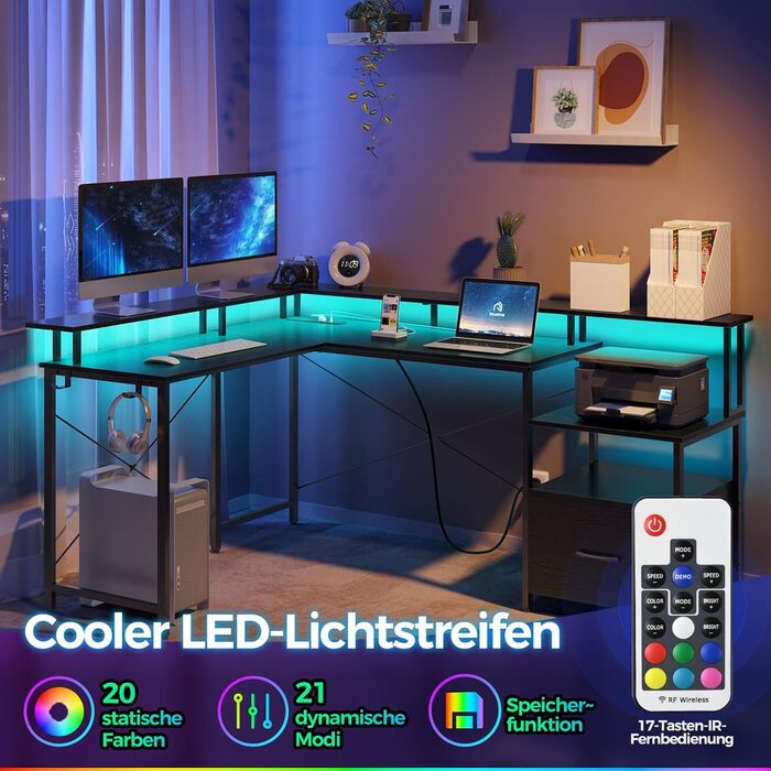 Комп'ютерний стіл Rolanstar L-подібний з розеткою та LED-підсвічуванням, 159 см, з підставкою для монітора та ящиком. Реверсивний ігровий стіл для офісу, кабінету, спальні, чорного кольору