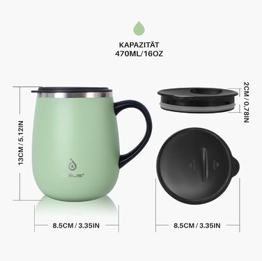 Кружка для кави та чаю Ideus 470 мл з нержавіючої сталі, подвійні стінки, ізольована, з неслизьким ручним тримачем та кришкою-модулем, великий об'єм, колір: трав'яний зелений