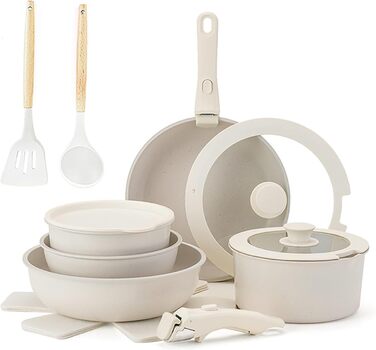 17-ти частинний набір каструль з знімним ручками: Набір посуду Induktion з антипригарним покриттям для всіх типів плит, придатний для миття в посудомийній машині (молочний білий)