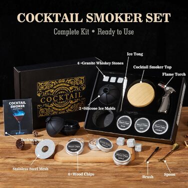 Набір для копчення віскі – Old Fashioned Cocktail Geschenkset з 6 ароматичними дерев'яними чіпсами, 4 гранітними камінцями, запальничкою та аксесуарами для любителів віскі та коктейлів (без бутану) (силіконова куля & гранітні камені)