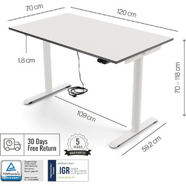 Письмовий стіл Yaasa Basic S, 120x70 см, білий, вкл. ключовий замок, USB-порт для зарядки