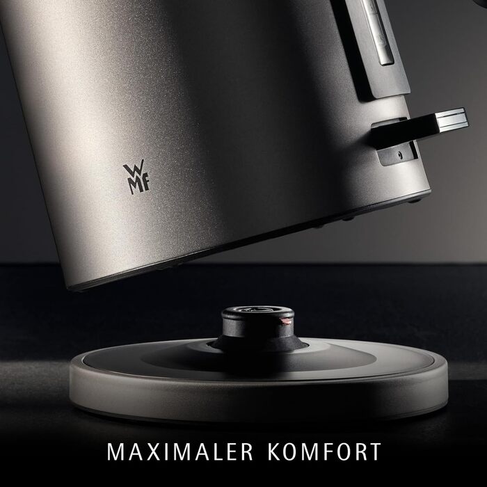 Електричний чайник WMF Lono Silk 1.6 л з нержавіючої сталі, з фільтром від накипу, бездротовий, з поворотним підставою, антижирове покриття, відкривання однією рукою, зовнішній індикатор рівня води