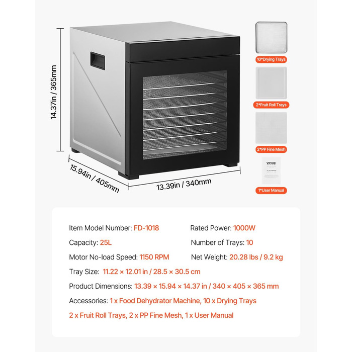 Електрична сушарка для продуктів VEVOR з 10 чашами з нержавіючої сталі, 1000 Вт, сушарка для м'яса, фруктів, овочів, трав, собачих ласощів