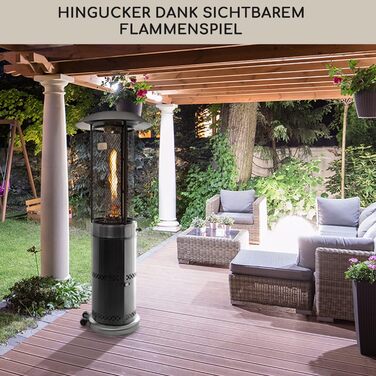 Газовий обігрівач Blumfeldt Gas для тераси, саду та балкону, 360° огляд полум'я, газовий нагрівач для вулиці з електричним запалюванням, обігрівач для тераси з роликами, срібно-золотий, модель Deluxe (Газовий балон не входить у комплект)