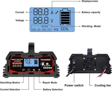 Зарядний пристрій для акумулятора 25A 12V/24V - Автоматичний зарядний пристрій для акумулятора з LCD-дисплеєм, підходить для LiFePO4 акумуляторів