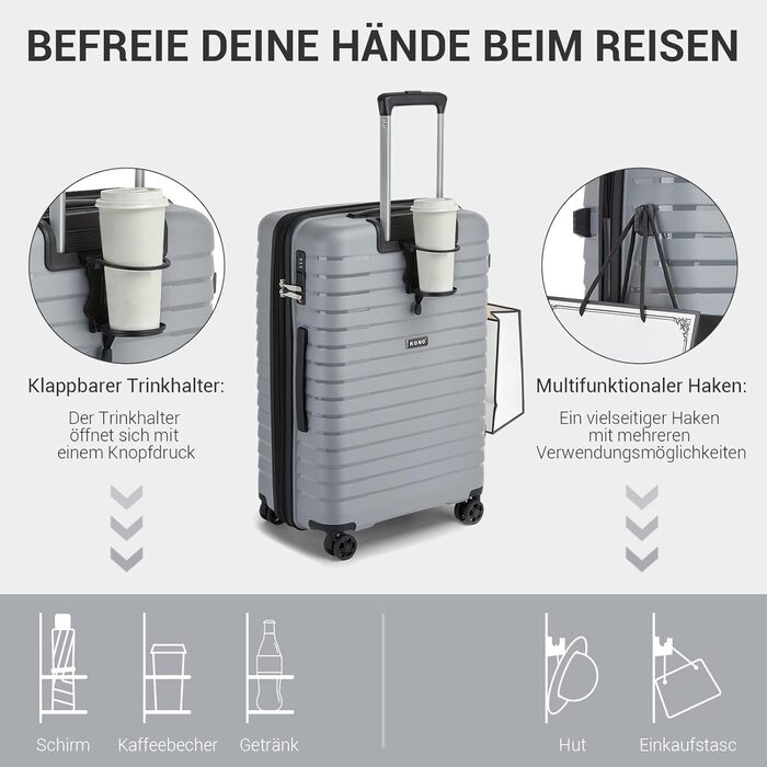 Чемодан KONO середнього розміру з жорстким корпусом, PP, з 4 колесами, розширюваний, легкий, з тримачем для напоїв та TSA замком (зелений, L)