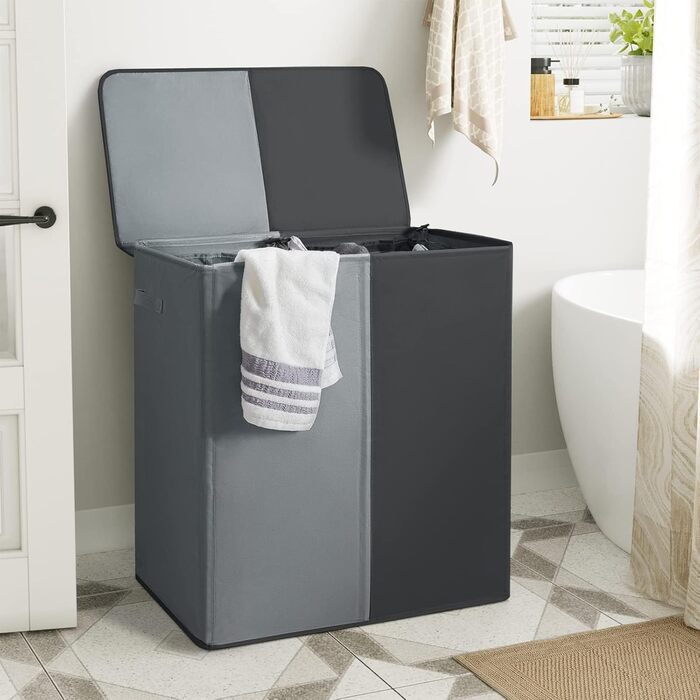 WOWLIVE Подвійний кошик для білизни з кришкою, великий, складний, 2 секції з ручками, сірий+чорний (154л)