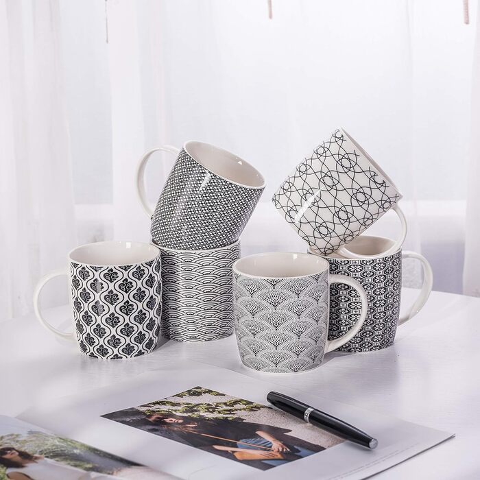 Набір чашок для кави та чаю, 6 шт., чорно-білий геометричний візерунок, кераміка