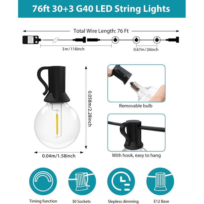 Світлодіодна гірлянда для вулиці 23м (30+3 лампочки) - регульоване світло, тепле біле освітлення, для тераси, саду, вечірки. Без пульта.