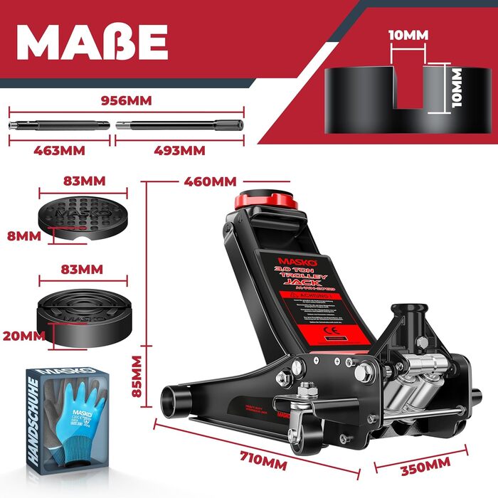 Гідравлічний домкрат MASKO 3T з низьким профілем 85-460мм, 3 гумові накладки, для легкових авто та SUV, ролики 360°, рукавички в комплекті. Домкрат під автомобіль до 3 тонн - Чорний
