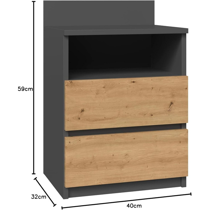 Тумбочка ХДФ М1 Мальва, Антрацит-Дуб, 2 Гріффл. Висувні ящики, легко збираються, ідеально підходять для спальні