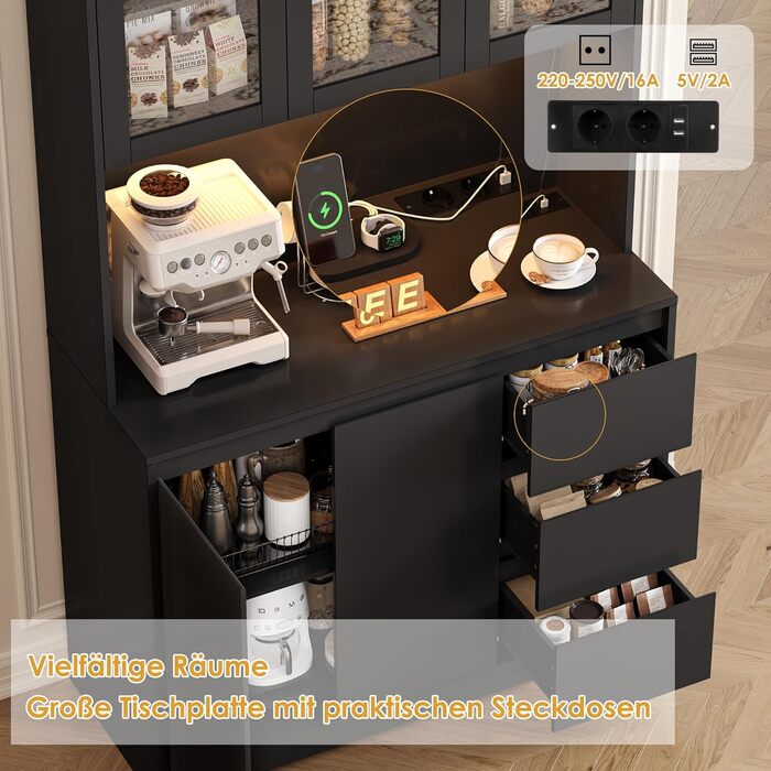 Чорний кухонний буфет з LED-підсвіткою, стільницею та 3 висувними ящиками, 180x100x38.5 см