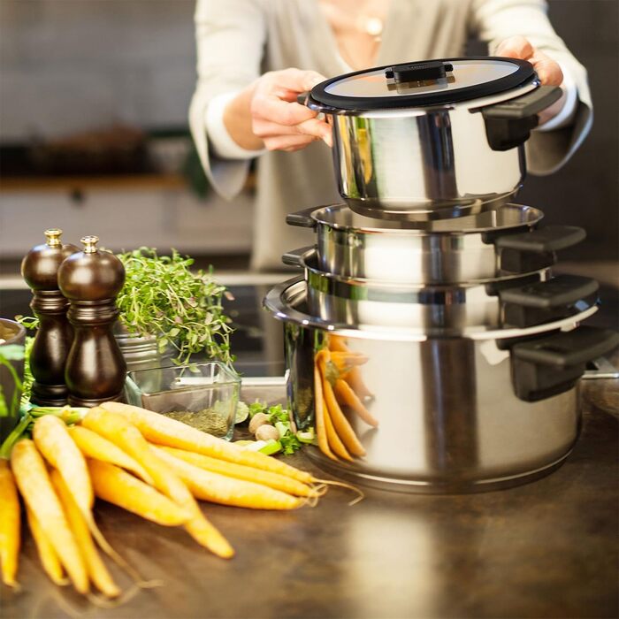 Набір каструль Berndes 6-ти частинний з нержавіючої сталі, індукційне дно, економія місця