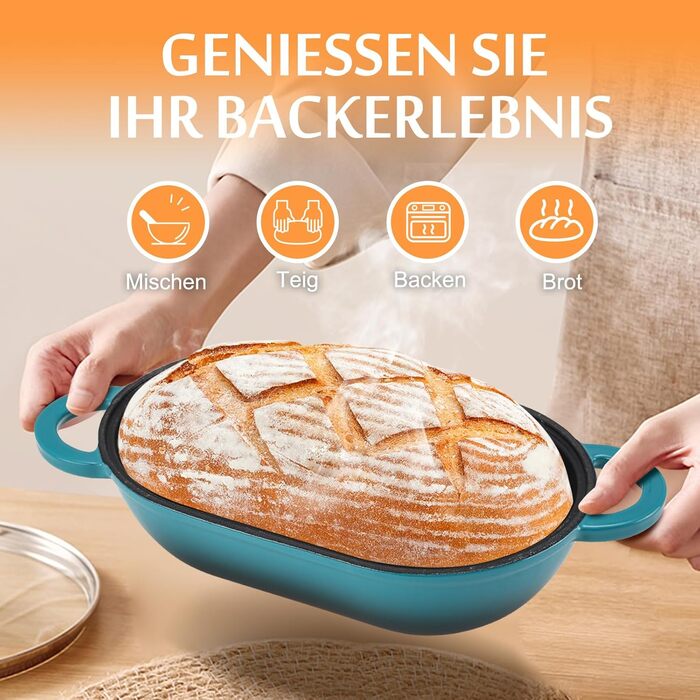 Форма для випікання хліба з кришкою Gusseisen, 23 см, емальована чавунна форма, 2.75 л, для випікання хліба, жаровня з кришкою, сумісна з духовкою (перехідний колір блакитно-зелений)
