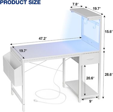 Ігровий стіл Grandder 120 см з розеткою та LED-підсвіткою, білий. Комп'ютерний стіл з регульованими полицями та ящиком, для дому та офісу 120 x 50 см