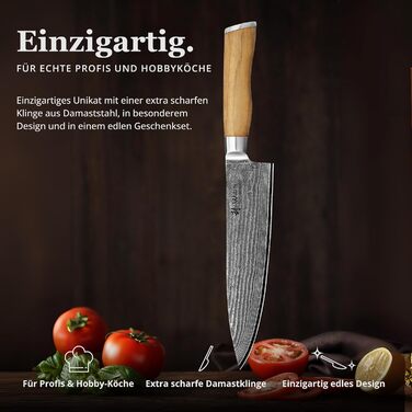 Ніж кухарський Wakoli з дамаської сталі (серцевина VG10) з 20 см лезом – гострий та збалансований – ніж з ручкою з оливкового дерева в подарунковій коробці – ніж кухонний з дамаської сталі для професіоналів та поціновувачів
