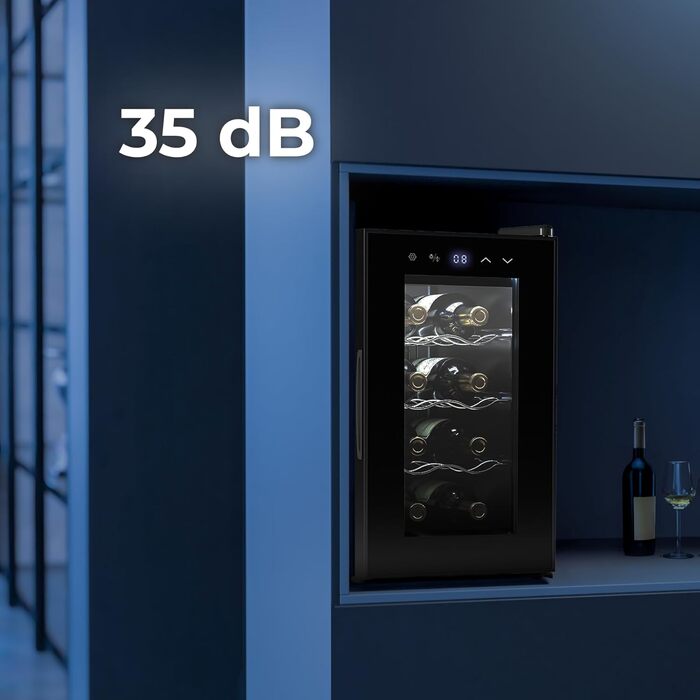 Витримання вина Cecotec Bolero Grandsommelier 830 Coolcrystal: 8 пляшок, термоелектрична охолодження, регулювання температури 8-18°C, сенсорне керування, LED-підсвітка, без шкідливого газу, чорний колір