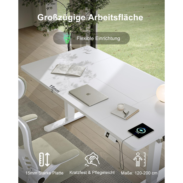 Електричний стіл Devoko з регулюванням висоти 200x80 см, білий, з USB-C зарядкою та органайзером для кабелів