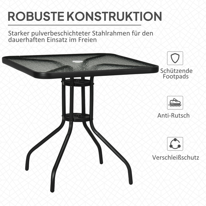 Outsunny Garden Table Знімний металевий 76x76 см Атмосферостійкий квадратний балконний стіл з отвором для парасольки, Нековзний фуршетний стіл Кемпінговий стіл Патіо Стіл для патіо Стіл для патіо Стіл для відкритого саду, патіо Балкон чорний | Аосом