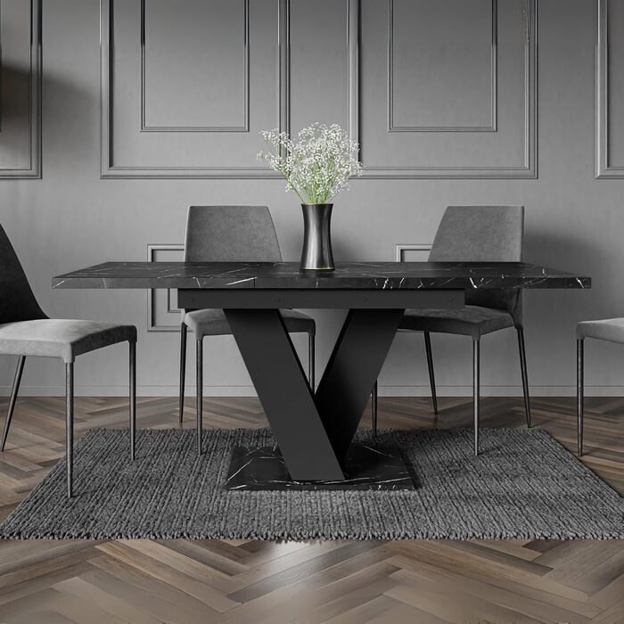 Розсувний кухонний стіл PROROOM FURNITURE Malvi - чорний, 120-160 см, для 4-6 осіб | Збірка легко | Royal Marmor | Для їдальні та кухні