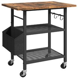 Трирівневий стіл для принтера з ящиком, контейнер на коліщатках, стійка для принтера, полиця для зберігання, в стилі індустріального лофту, з бічною кишенею, дерев'яна полиця, 2 S-гачки, для домашнього офісу, рустикально-коричневий та чорний, APTHR2501, 50 x 40 x 60 см