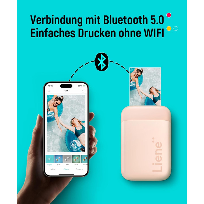Портативний фотодрук Liene Pearl K100 з друком на Zink папері, Bluetooth 5.0, для iOS та Android, рожевий