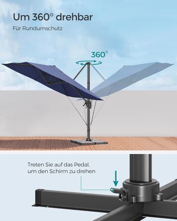 Консольна парасолька 290x290 см, захист від ультрафіолету UPF 50, обертається на 360, з підставкою, синій
