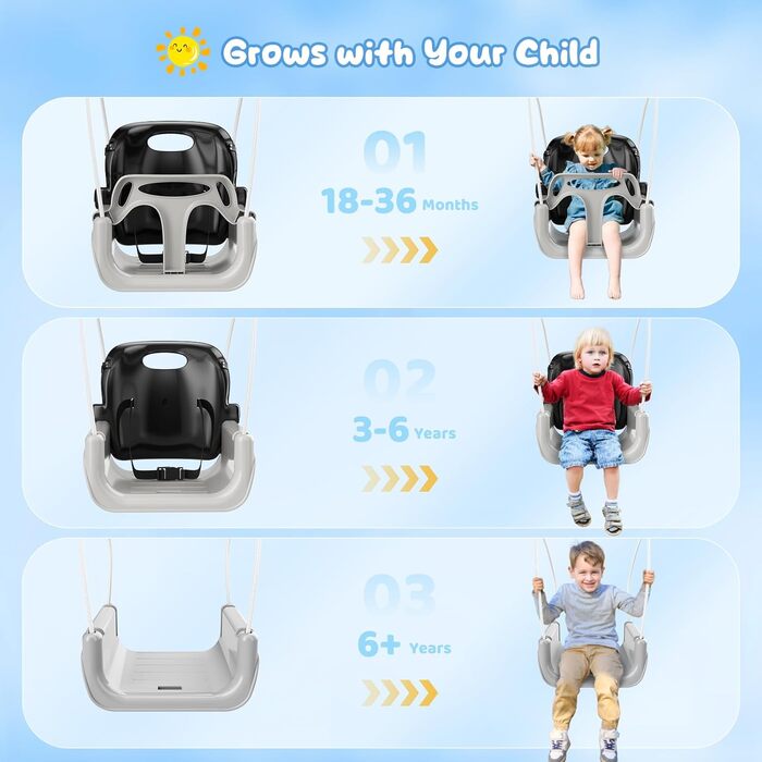 Дитяча гойдалка 2-в-1 з металевим каркасом, безпечний ремінь, для гри в приміщенні та на вулиці (білий, чорний)