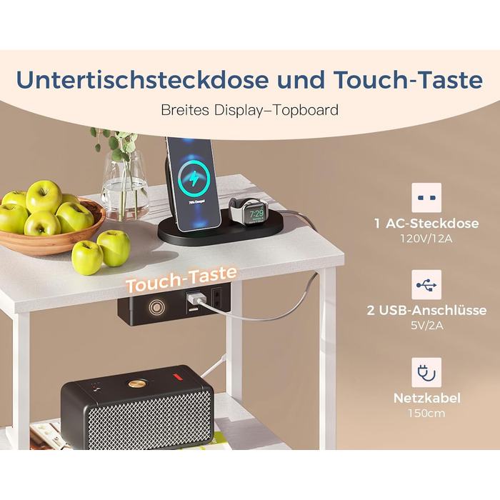 Приліжкова тумбочка Coleshome біла з USB, розеткою та LED-підсвіткою, 2 висувні ящики та полиця, для невеликих спалень, 40x30x60 см, в упаковці 1 шт.